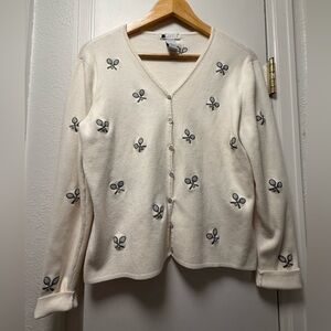 Carole Little Embroidered Tennis Racket Cardigan Cotton Sweater Ivory | Size L